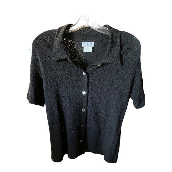 Lia Sz Small Black Porous & Textured Short Sleeve Button Down Nylon & Spandex - Picture 1 of 9